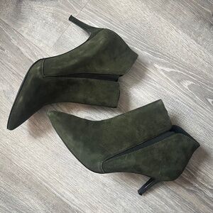 Boden olive green suede booties, size US12 (EU 42), 3" heels, good as new